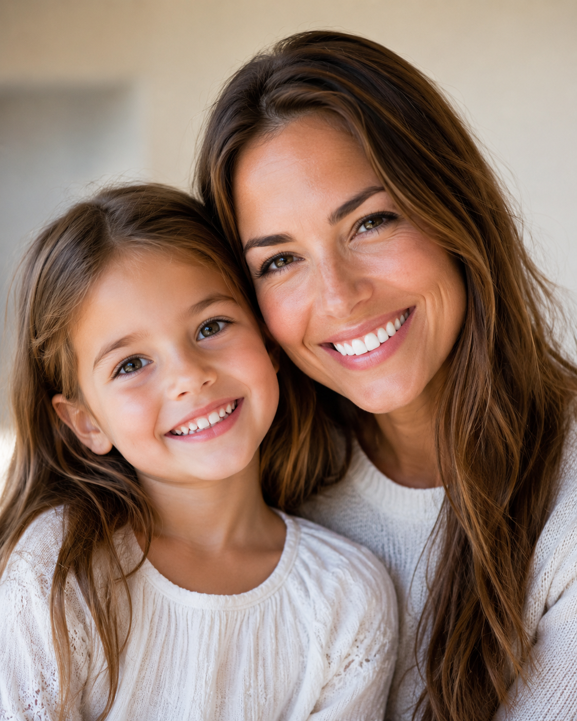 A mother and daughter smiling together