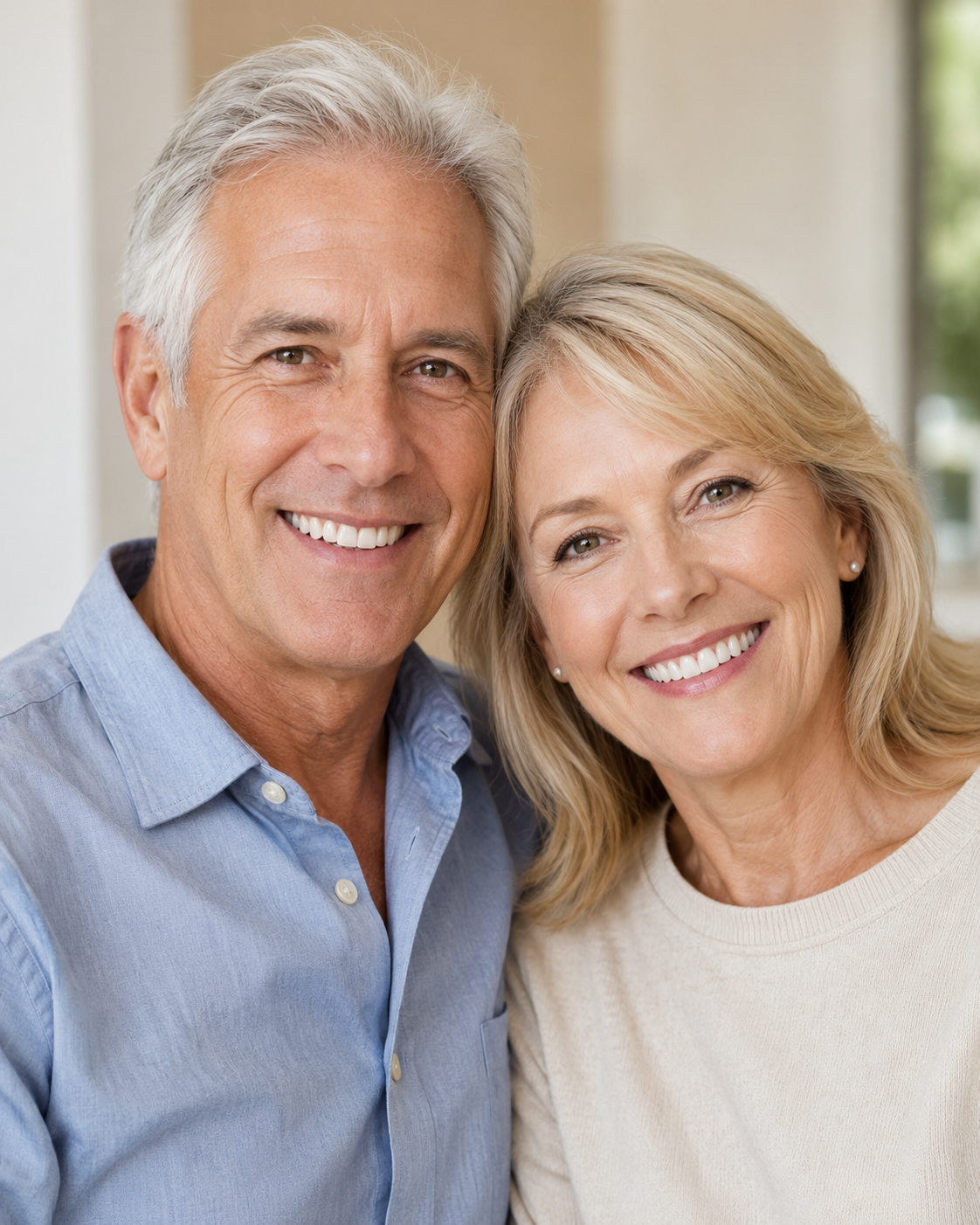 A senior couple smiling together